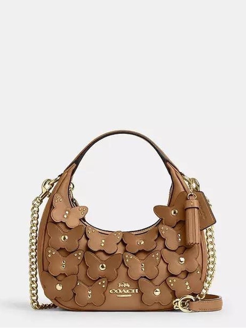 New Coach Brown Leather Butterfly Appliqué Shoulder Bag Carmen